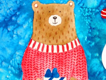 Акварельная открытка "Новогодний медведь"